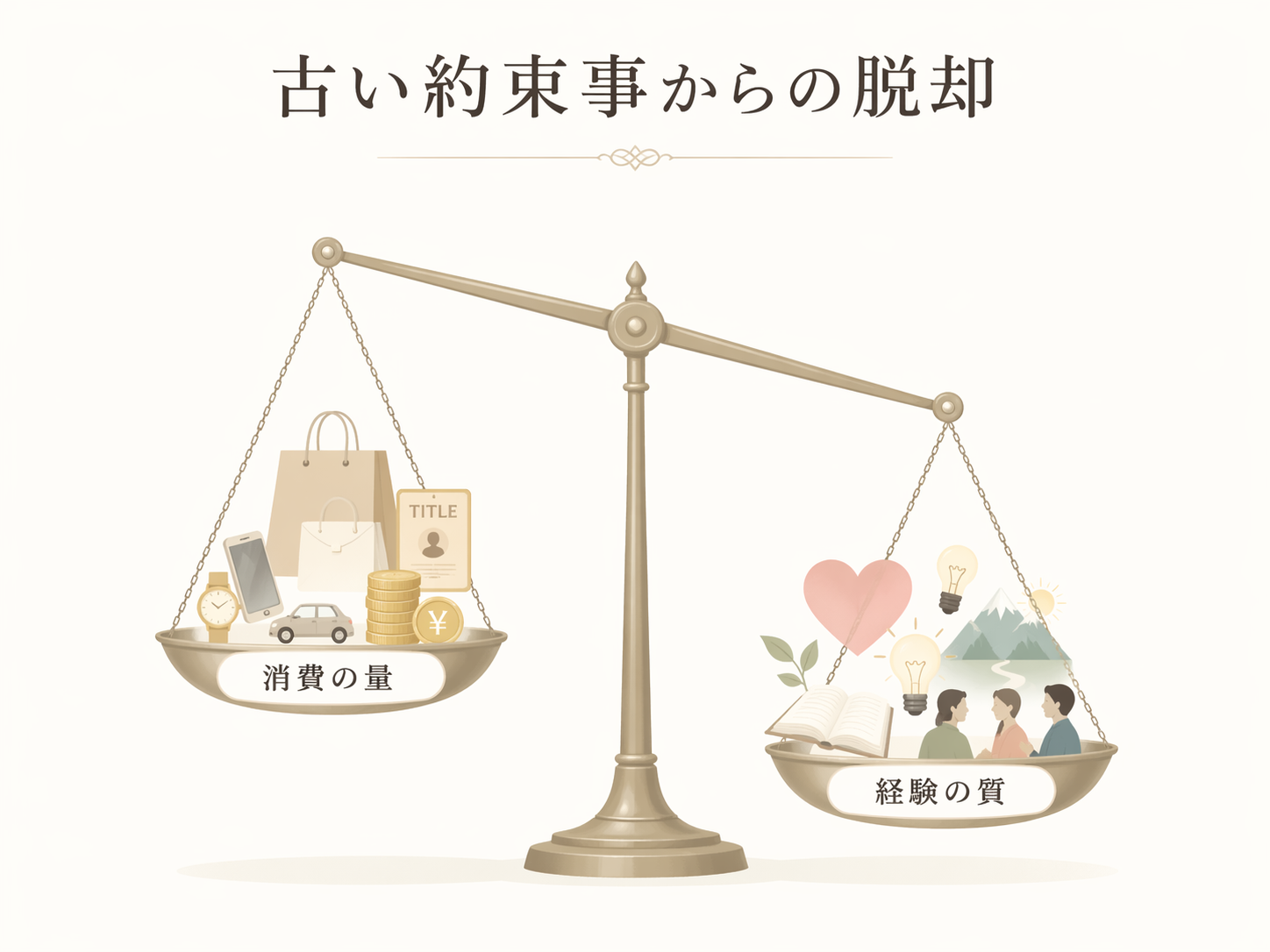 天秤の片側に「消費の量（お金・モノ・肩書き）」のアイコン、もう片側に「経験の質（情熱・意味・人との関わり）」のアイコン。後者に少し傾いた構図で、タイトルに「古い約束事からの脱却」と添える。