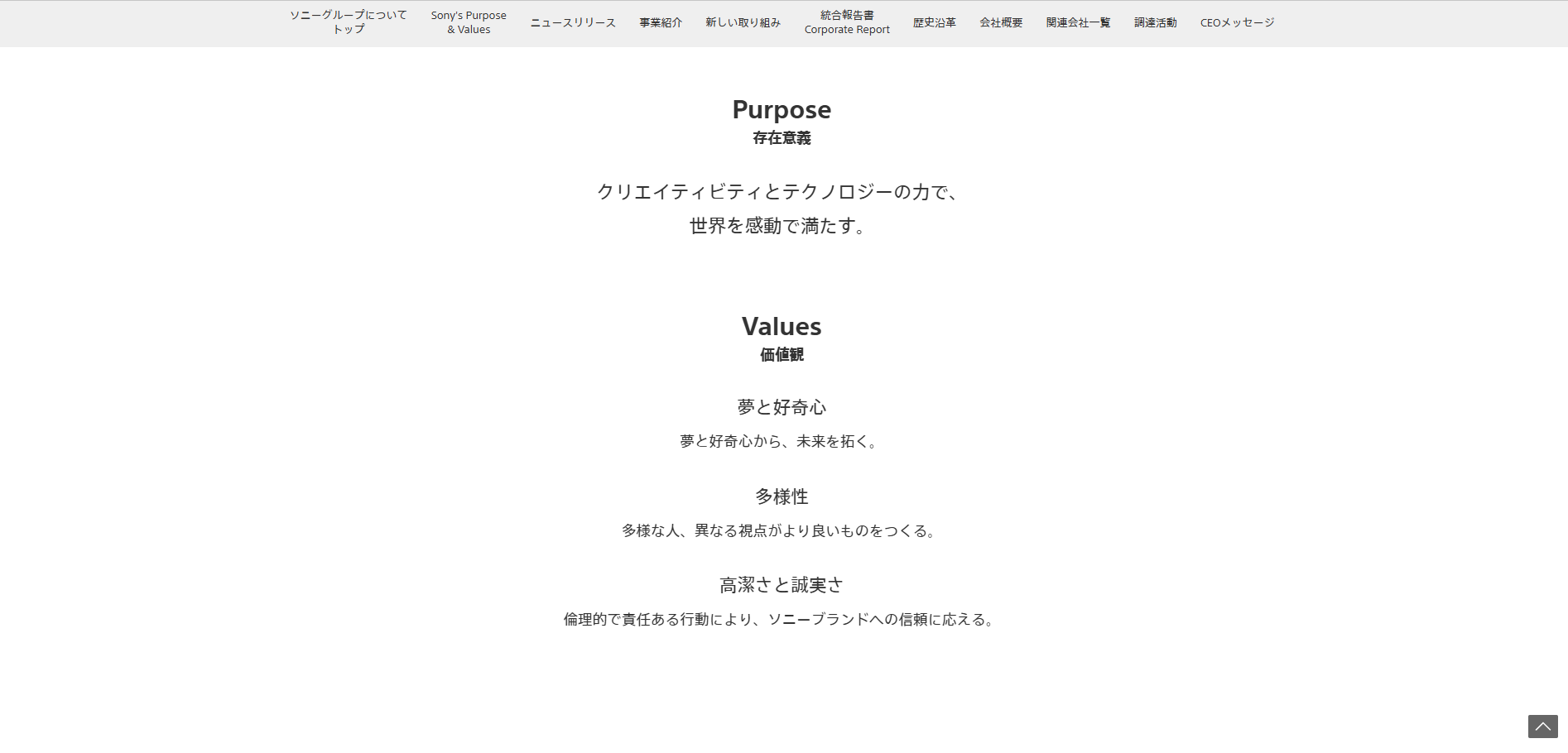 ソニーグループ公式サイトより「クリエイティビティとテクノロジーの力で、世界を感動で満たす」