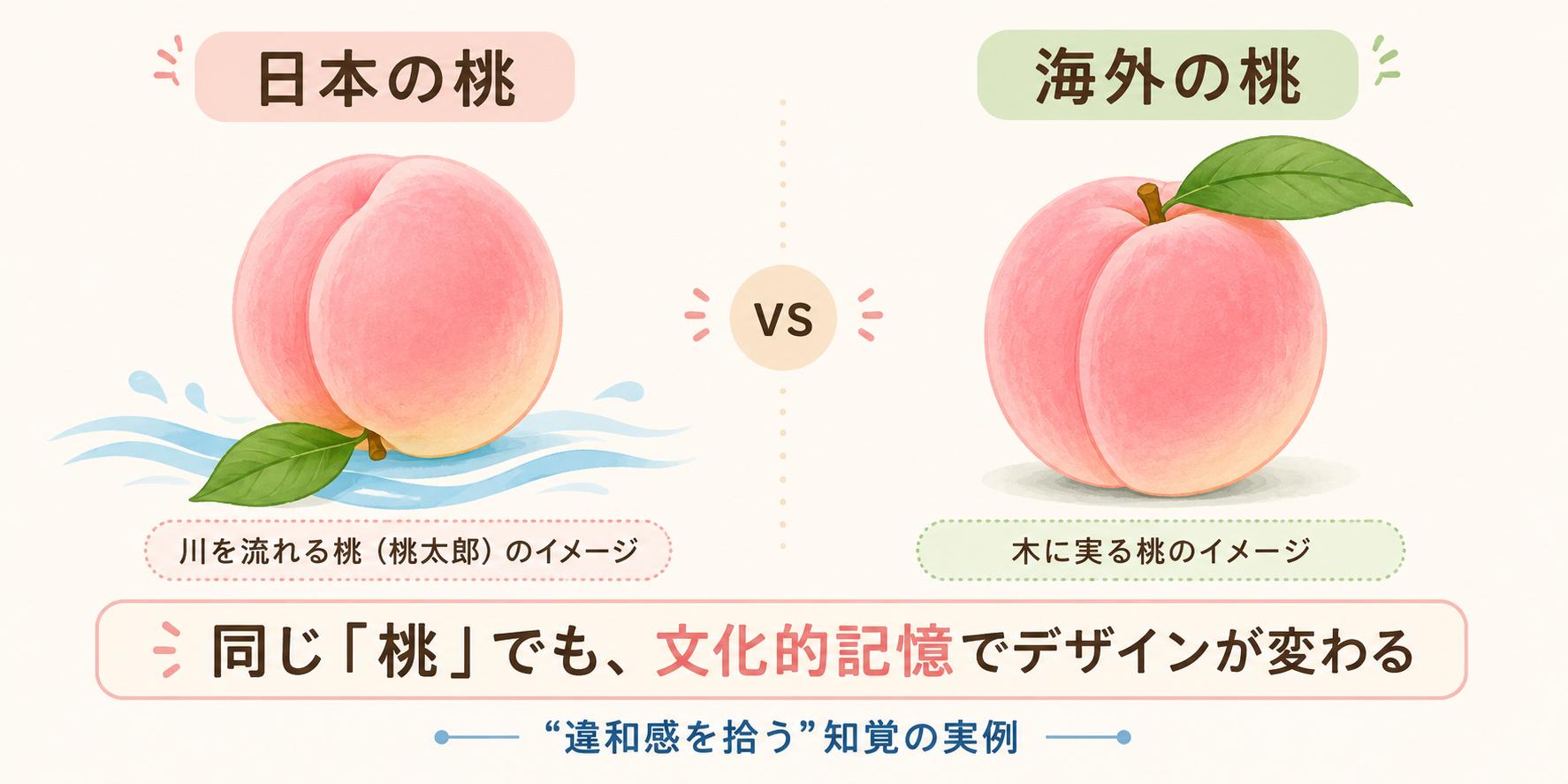 左右比較の自作イラスト(実際の絵文字は使わず、シンプルな桃のイラストを自分で描く/Canvaの素材で代用)。左:日本の桃=葉っぱが下、下に『川を流れる桃(桃太郎)』のイメージ。右:海外の桃=葉っぱが上、下に『木に実る桃』のイメージ。中央に『同じ"桃"でも、文化的記憶でデザインが変わる』のキャプション。"違和感を拾う"知覚の実例として。